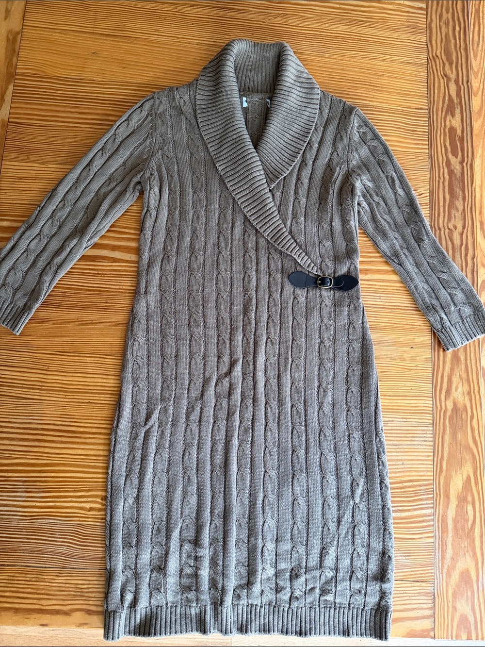 Calvin Klein Taupe Cable-Knit Shawl Collar Sweater Dress